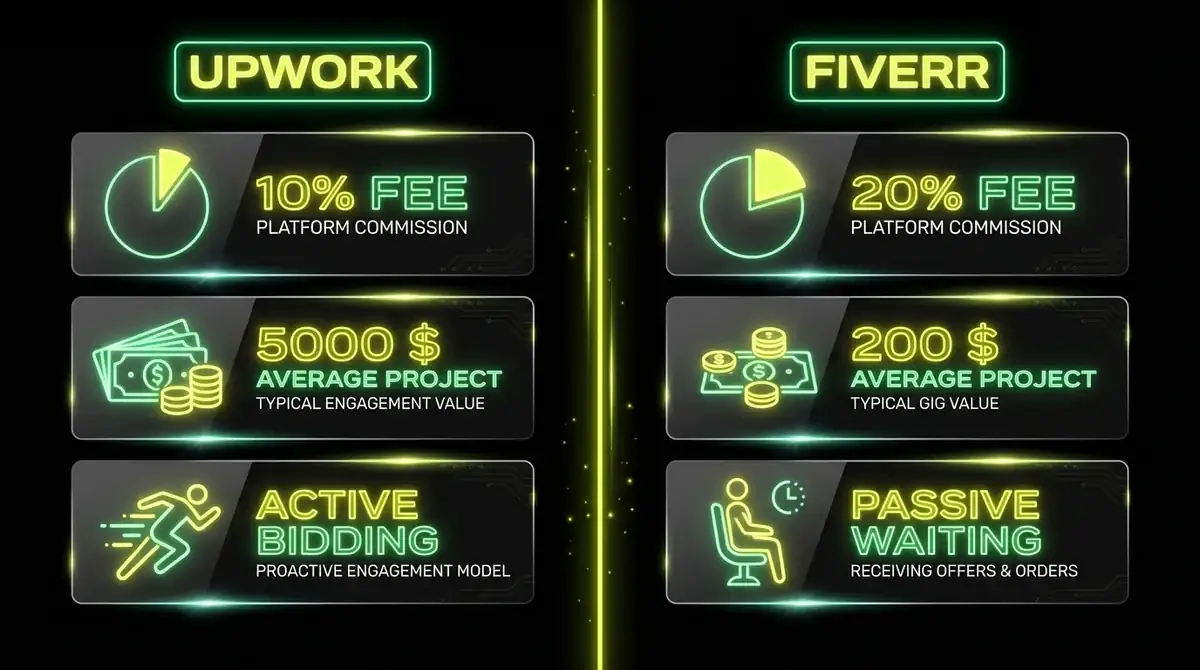 Upwork vs Fiverr comparison infographic showing key differences